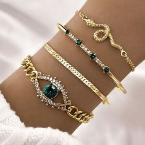 Evil Eye Diamond Emerald Snake Bracelet Set - 4 piece